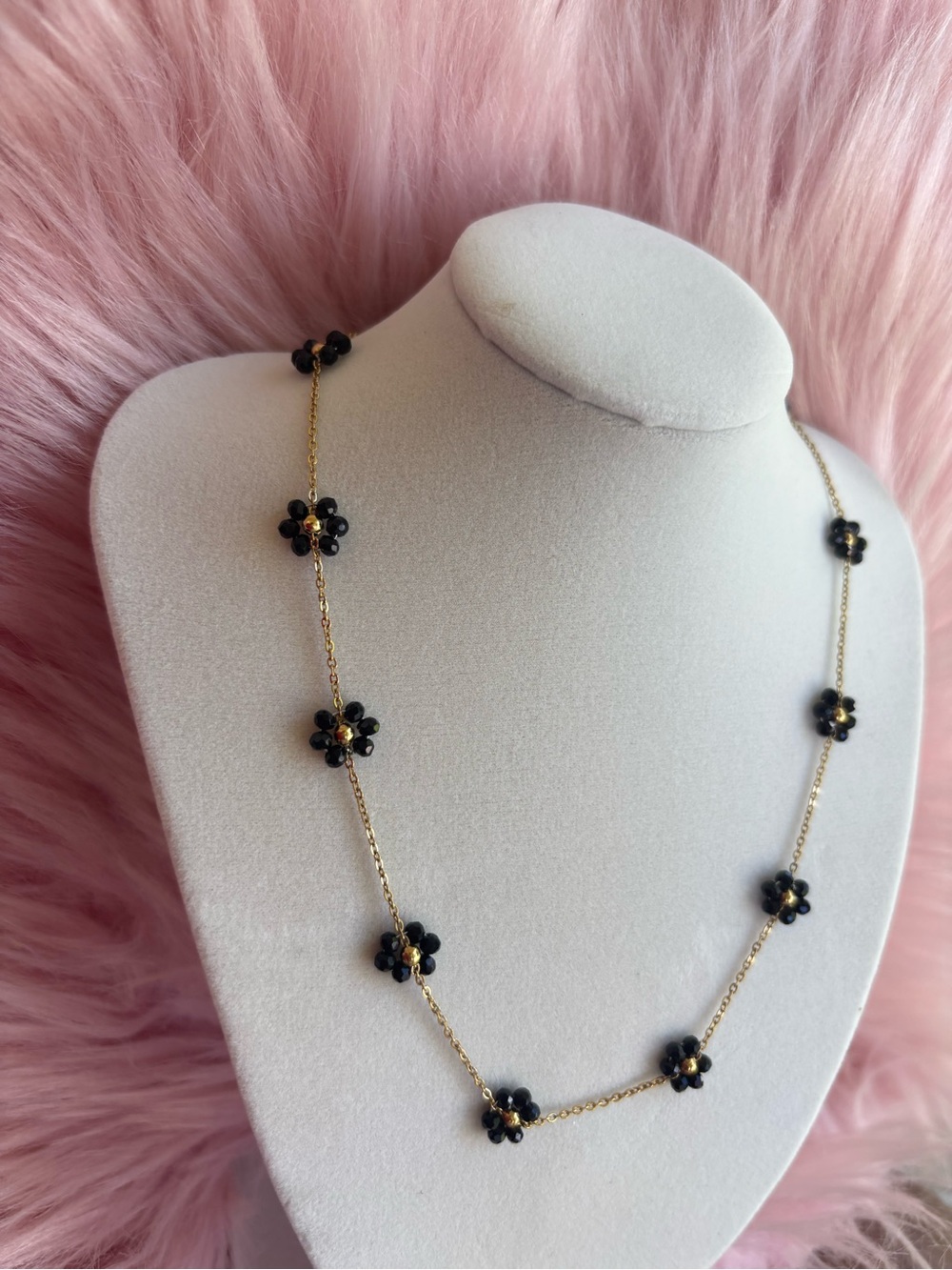 Gold Chain Necklace with Black Flower Stations